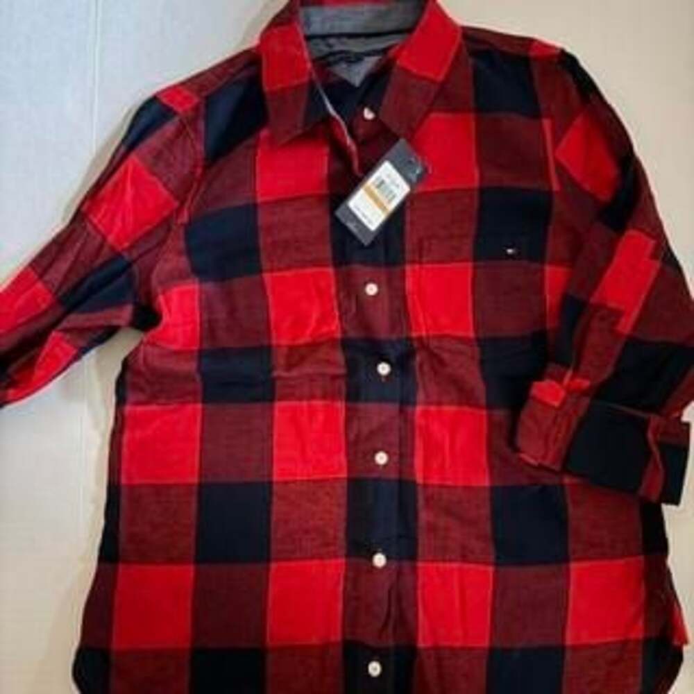 Tommy Hilfiger Red and Black Plaid Button-Up Flannel Shirt